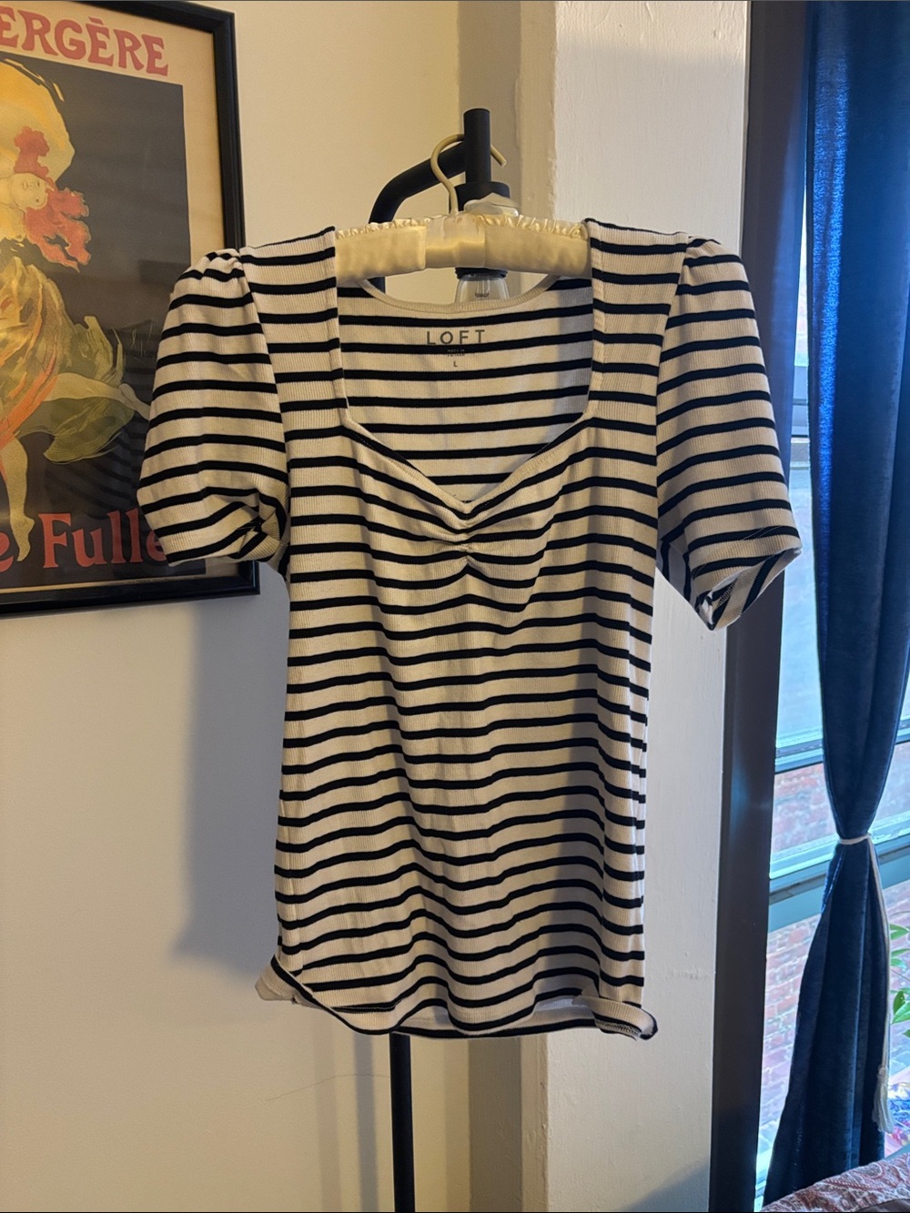 LOFT Black & White Striped Twist-Front Scoop Short Sleeve Top